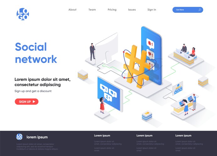 social network isometric landing page internet vector image