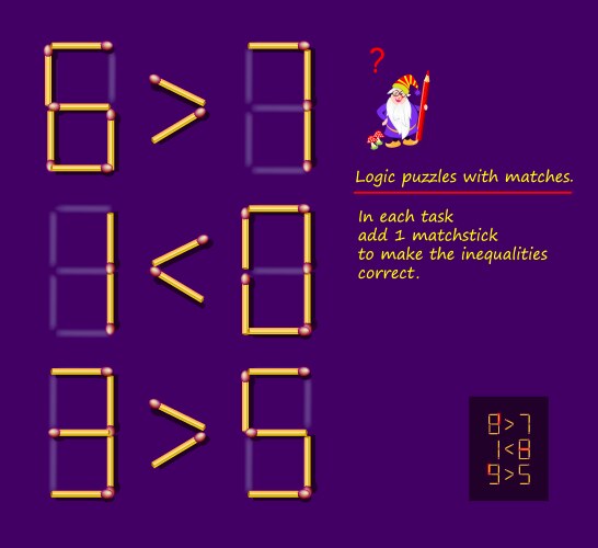 Logical puzzle game with matches in each task add vector image