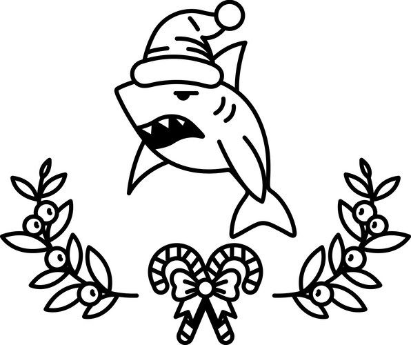 Shark with Santa Hat - Black and White Drawing Vector Image