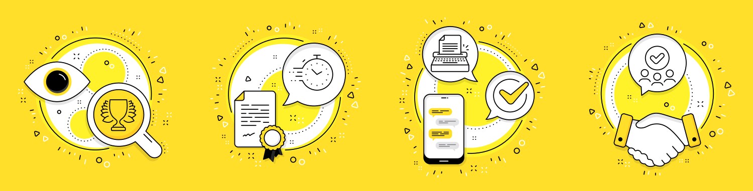 Typewriter timer and winner icons set approved vector image