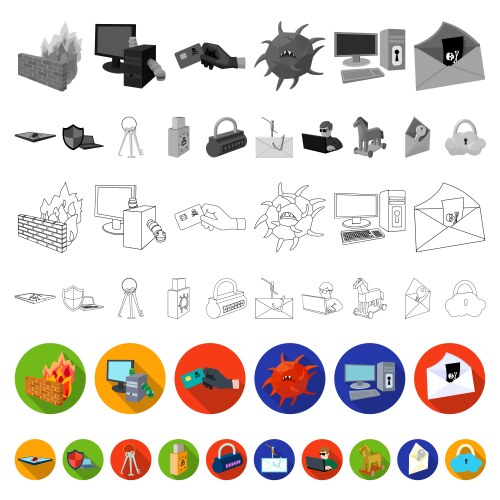 Hacker and hacking flat icons in set collection vector image