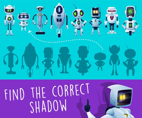 Kids game find a correct robot shadow puzzle vector image