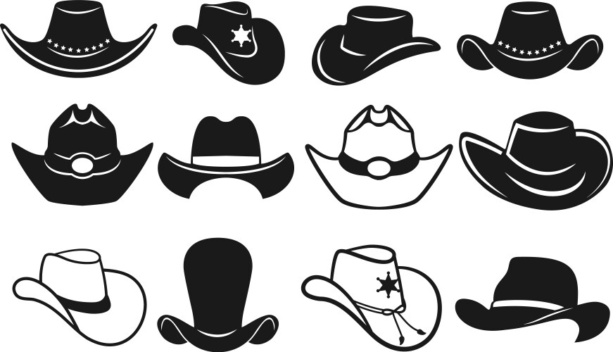 set of cowboy hat icons outline and silhouette vector