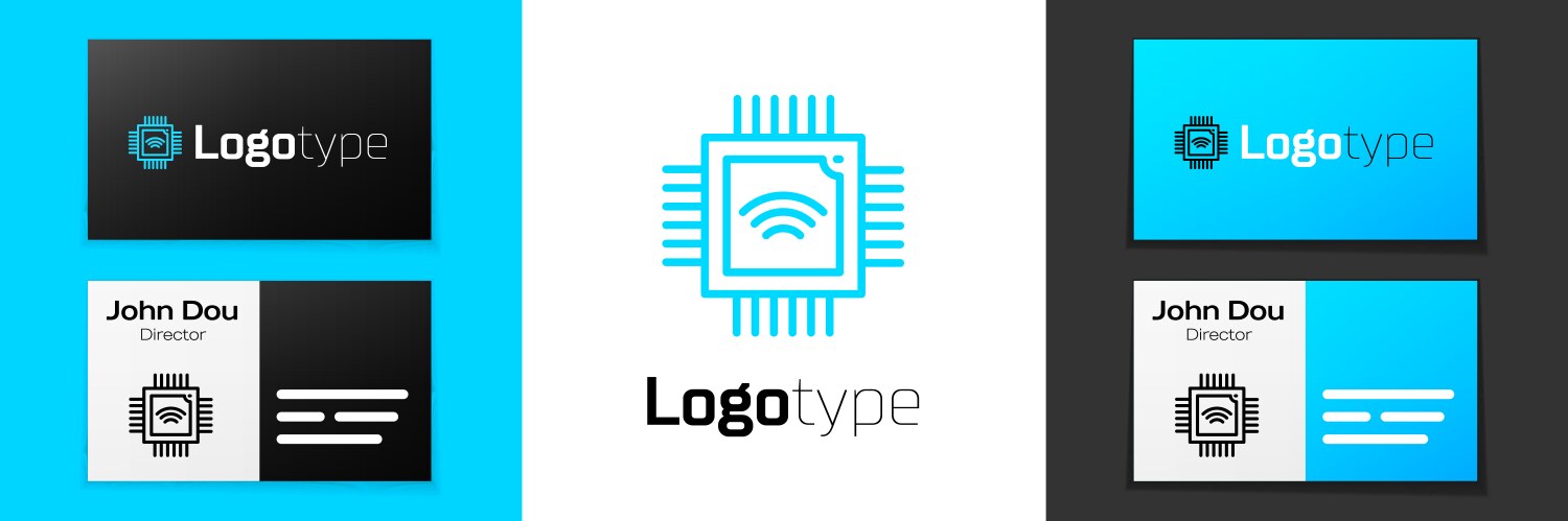 Blue line computer processor with microcircuits vector image