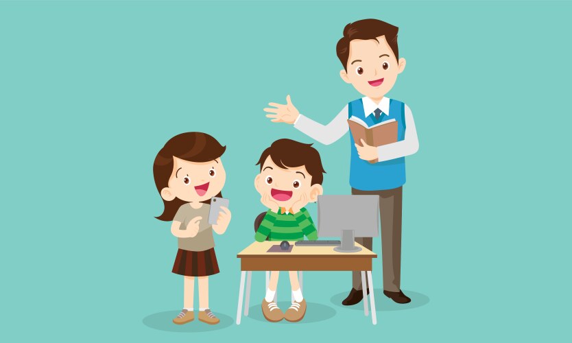 Teacher and kids learning computer technology vector image