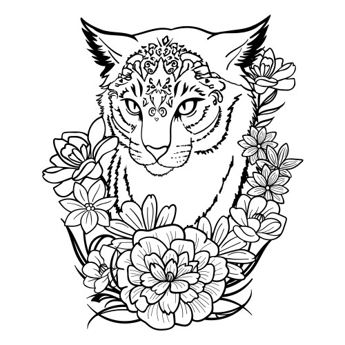 a cat panther head with flowers in tribal tattoo vector