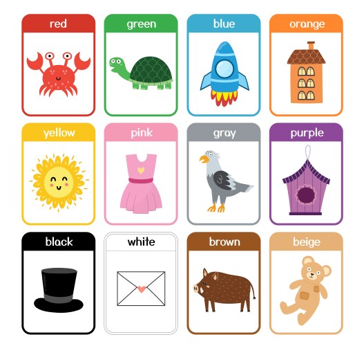 color flashcards collection with cute animals vector