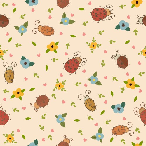 Seamless pattern with leaves hearts and ladybirds Vector Image