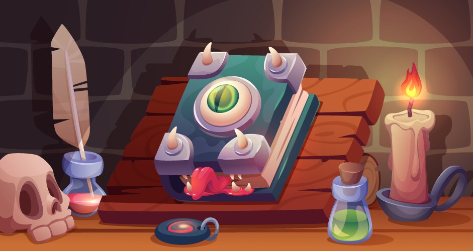 Wizard room table with spell book and magic stuff vector image