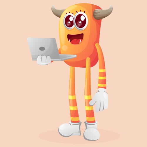 cute orange monster working using a laptop vector