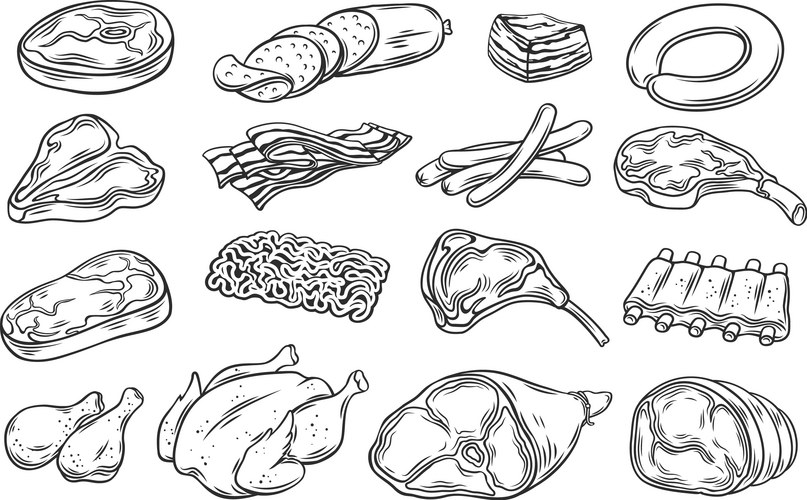 Meat products outline icons set Vector Image