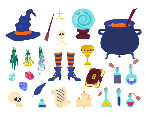 Cartoon color witch tools icons set vector image