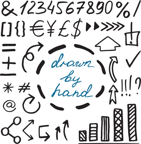 Set of hand drawn currency simbols numbers arrows Vector Image