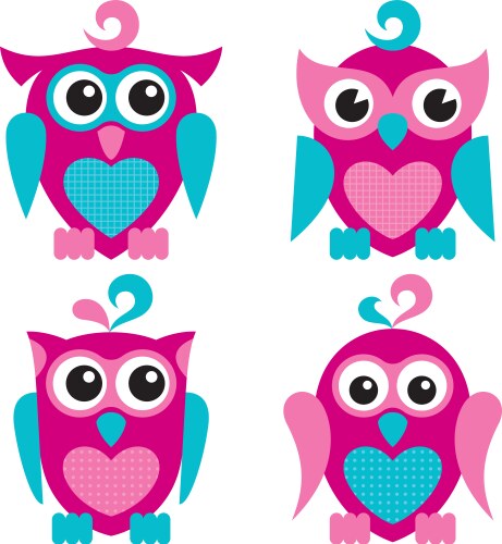 Set of cute blue owls with hearts isolated Vector Image