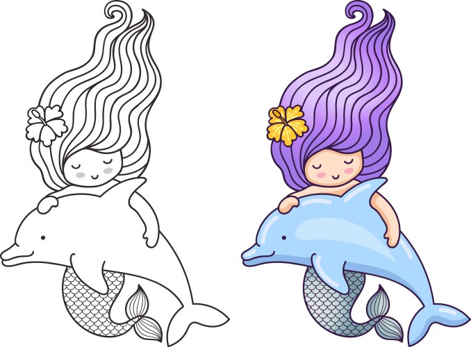 Mermaid with wavy long hair floating dolphin Vector Image