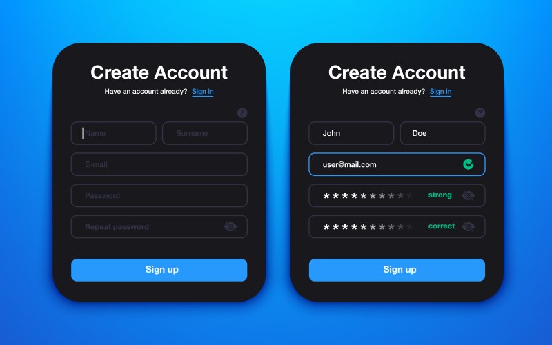 Create account ui sign up and log in dark form vector image