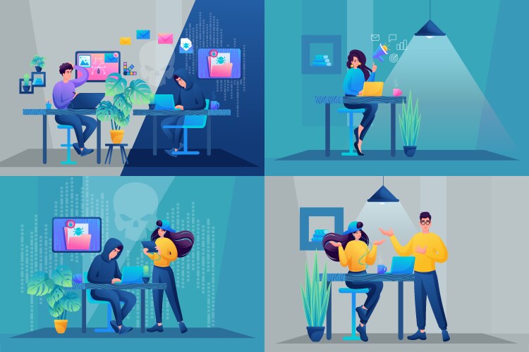 Set of web design hacker hacks the mail and makes vector image