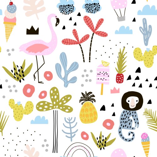 Seamless pattern with flamingo leopard monkey vector image