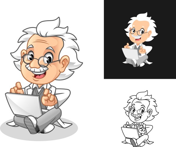 Happy old man professor sitting with laptop vector image