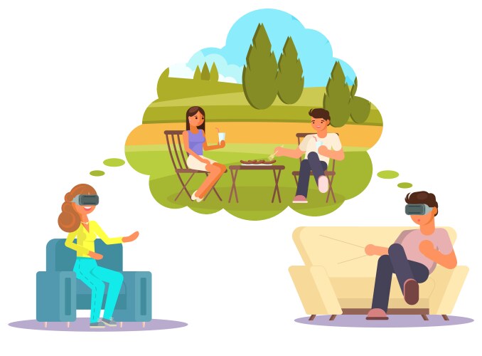 Happy couple in vr glasses having virtual outdoor vector image