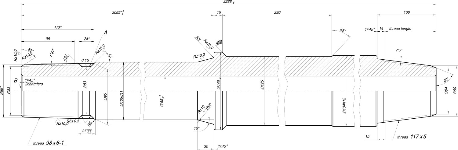 expanded shaft sketch with threads vector image