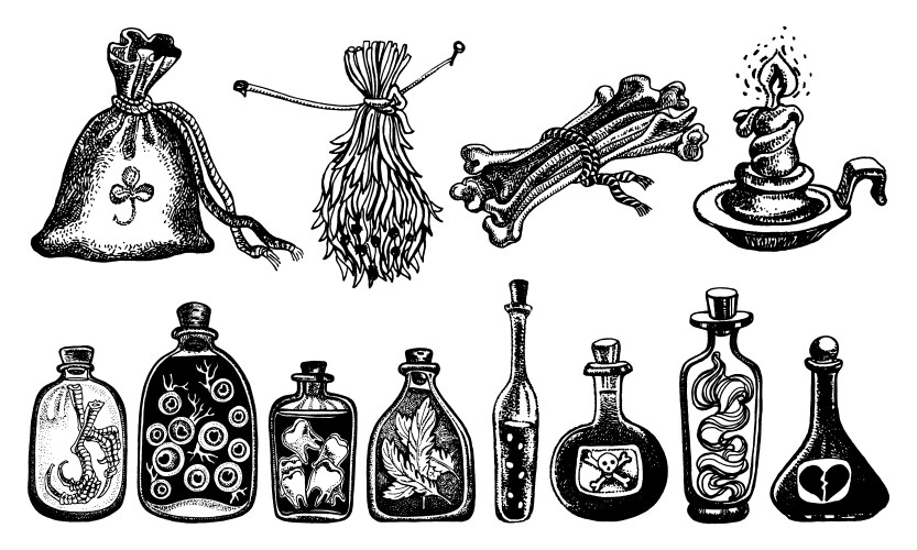 Doodle magic items set halloween collection Vector Image