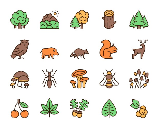 color linear icon set forest objects vector image