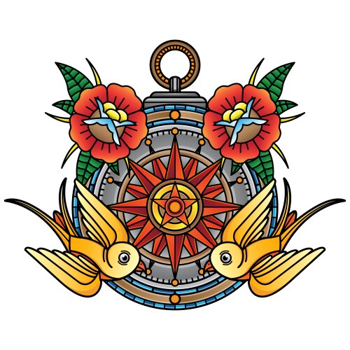 Traditional Compass Tattoo Flash Vector Image