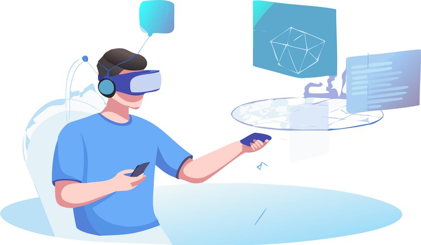 User in VR with Desktop Interface Vector Image