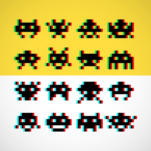 Pixel little retro monsters with screen distortion vector image