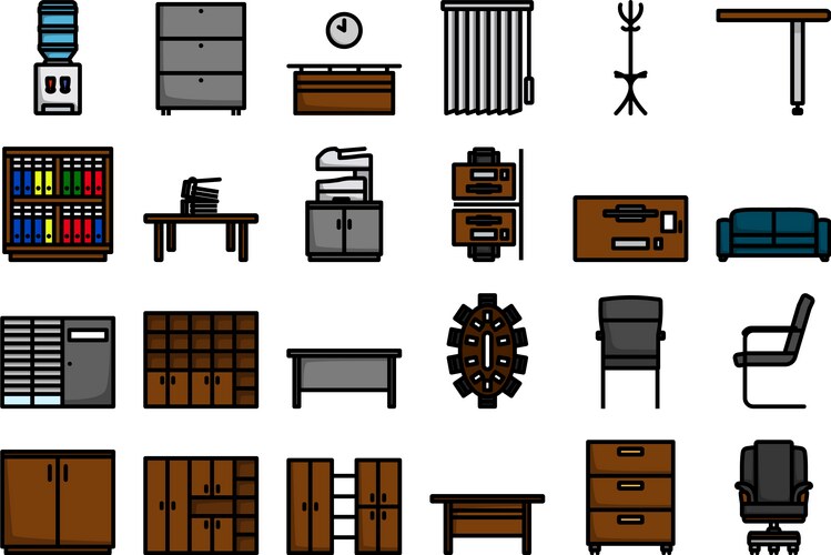 Office interior elements top view set Royalty Free Vector