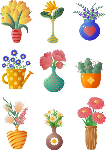 Colorful Flower Pots & Plants Vector Image