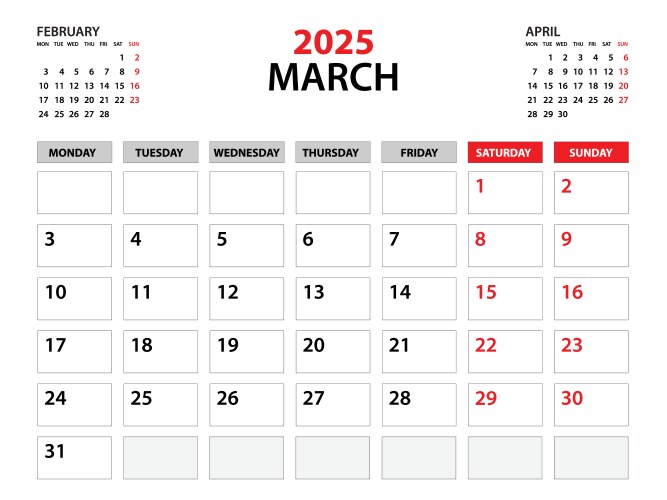 calendar 2025 template march year vector