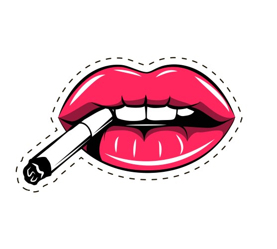 Pink lips cigarette in mouth isolated on white vector image