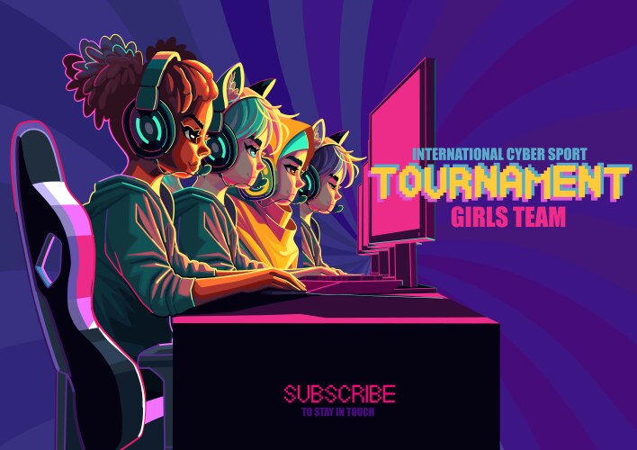 Team of diverse girls gamers or streamers sitting vector image