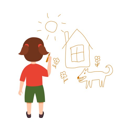 kid draws house with dog on the wall cartoon vector image