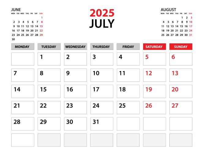 calendar 2025 template july year vector image