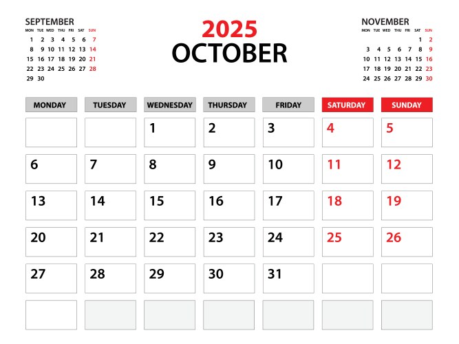 calendar 2025 template october year vector