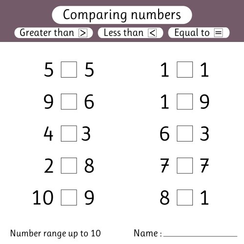 Comparing Numbers: Less Than, Greater Than, Equal vector image
