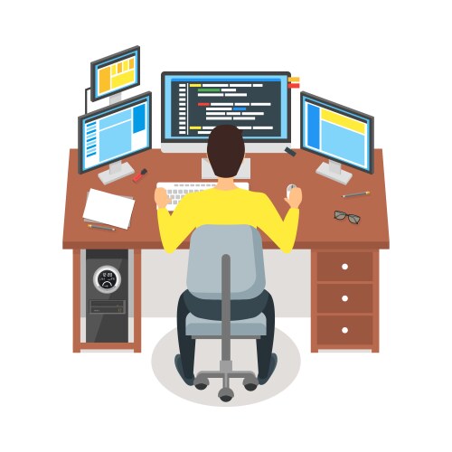 Cartoon programmer writes code workspace concept vector image