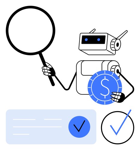 Robot analyzing financial data with magnifying vector image