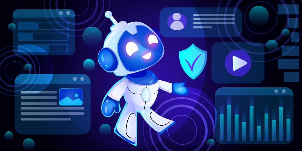 A smiling robot character amidst digital icons vector image