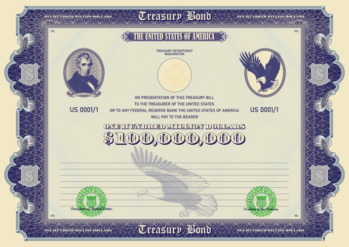 Blue treasury bond with a face value of 100000000 vector image