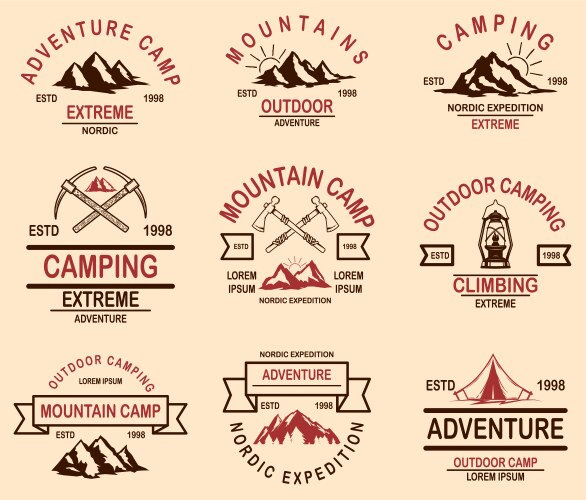 42 camping hiking and tourism emblems Royalty Free Vector