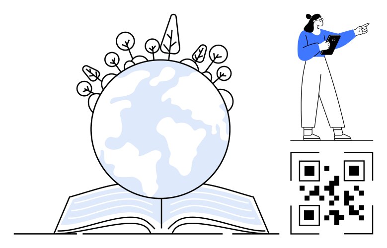 Globe resting on open book with qr code and woman vector image