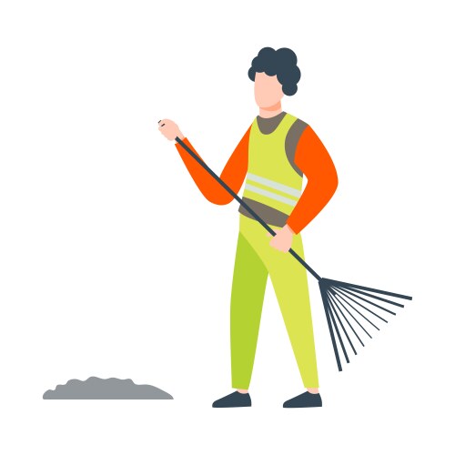 Man in uniform collecting garbage with rake vector image