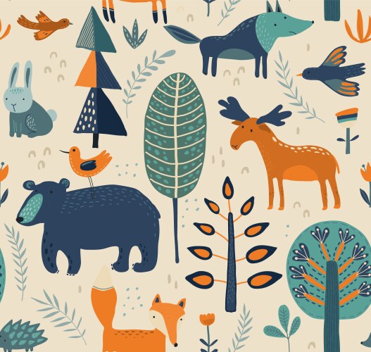 Seamless forest pattern with bear bunny owl fox Vector Image