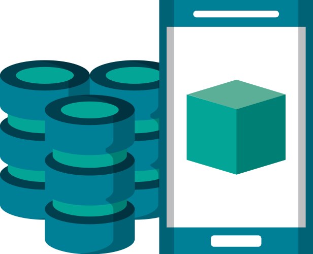 Smartphone with cube on screen and servers disks vector image