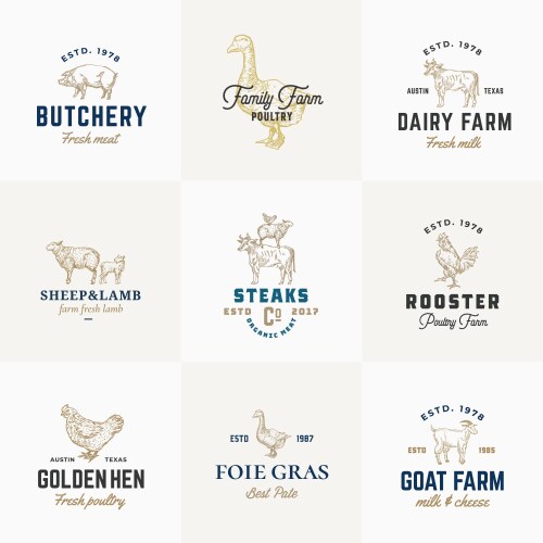 Retro Cattle & Poultry Logo Set Vector Image