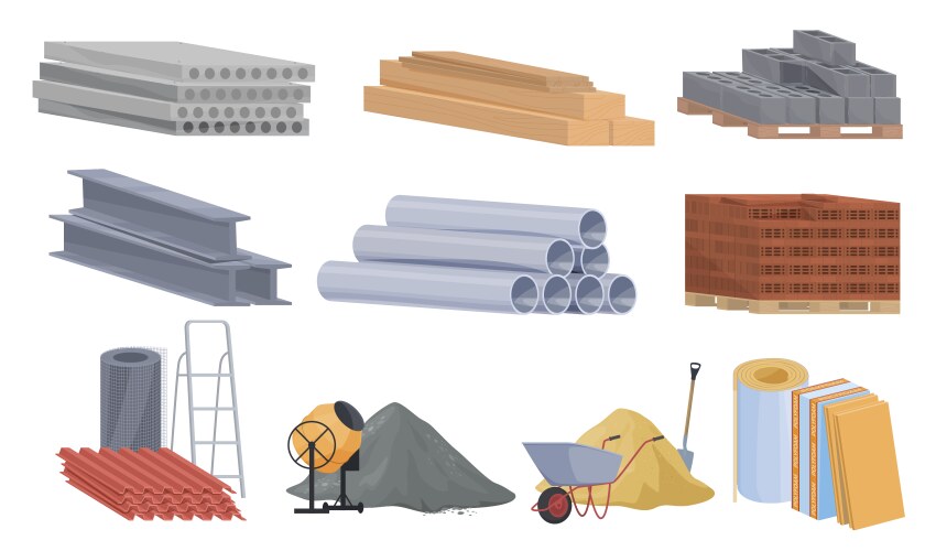 Collection construction materials flat vector image